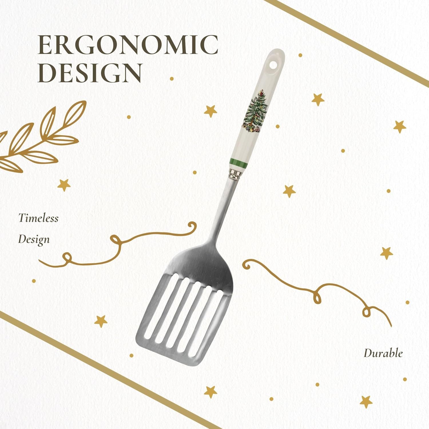 Spode Christmas Tree 13" Stainless Steel Slotted Spatula with Porcelain Handles - Holiday Serving Turner for Christmas Dinners & Holiday Parties - Kitchen Utensil for Holiday & Winter Celebrations - Image 7