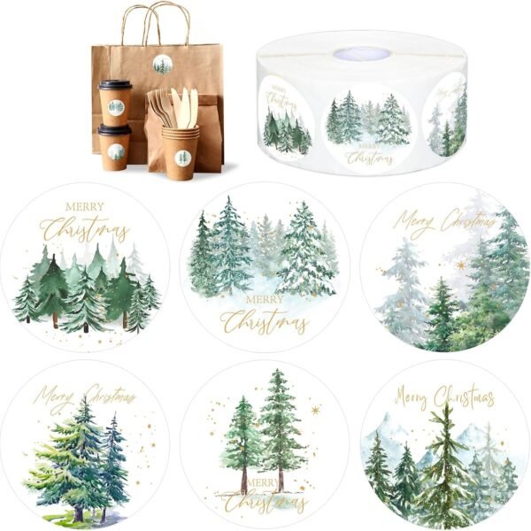 Whaline 1000Pcs Merry Christmas Stickers Roll Watercolor Forest Decals Green Xmas Tree Adhesive Decorative Round Seal Stickers for Gift Greeting Card Party Supplies - Image 2