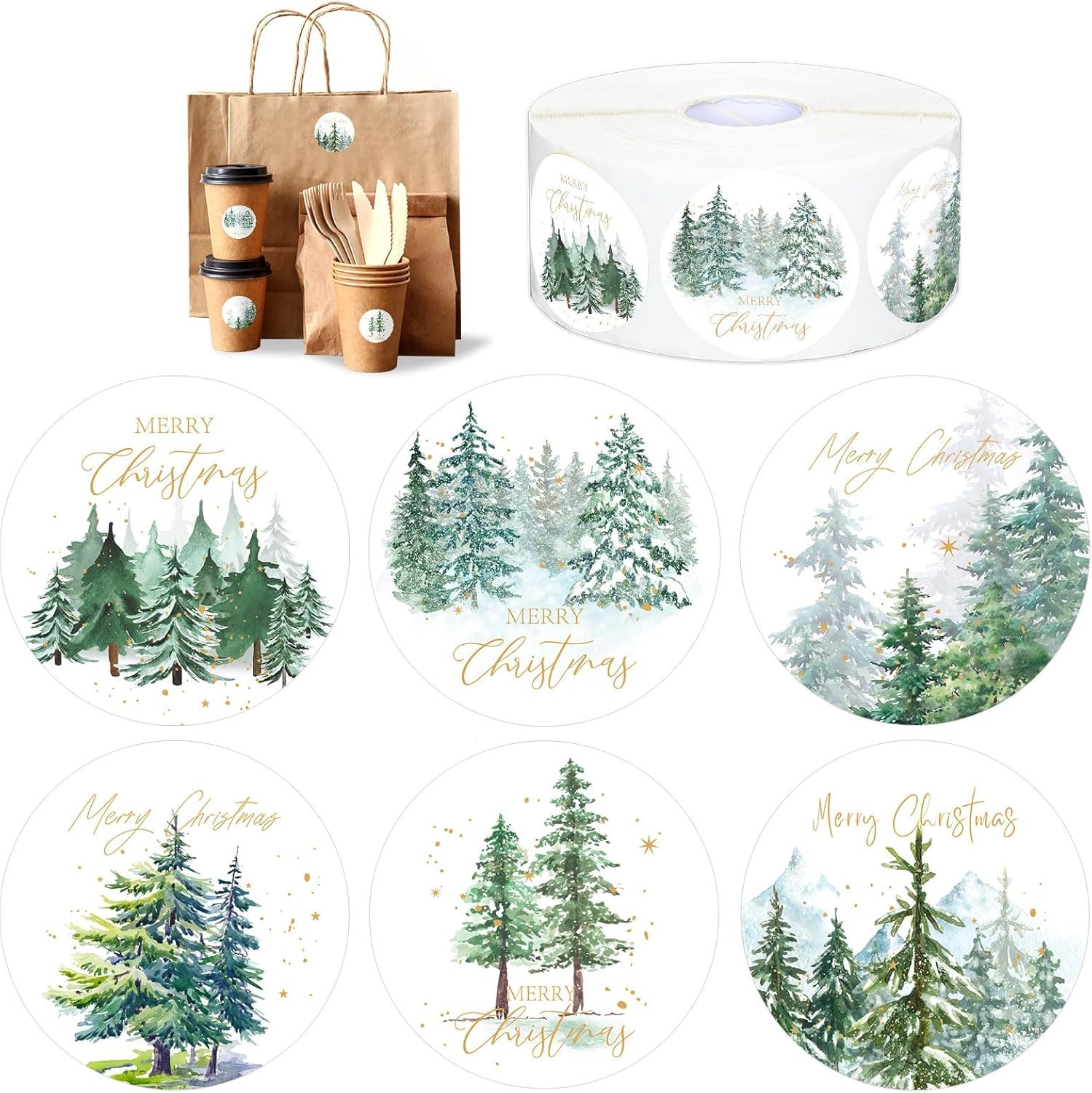 Whaline 1000Pcs Merry Christmas Stickers Roll Watercolor Forest Decals Green Xmas Tree Adhesive Decorative Round Seal Stickers for Gift Greeting Card Party Supplies - Image 2