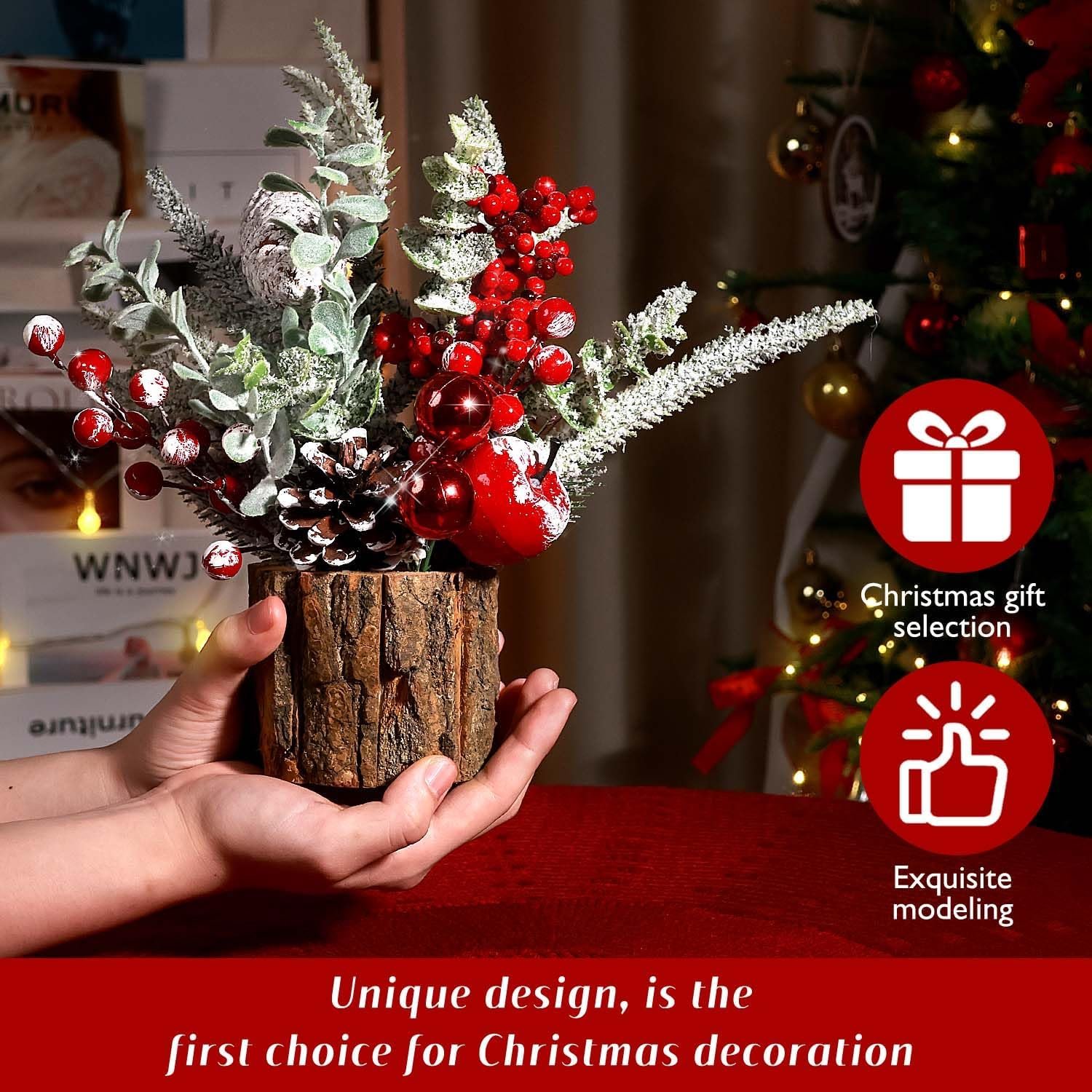 Small Christmas Tree Tabletop Artificial Mini Christmas Tree Decorations with Holiday Ornaments Red Berry Pine Cone Greenery for Home Indoor Fireplace Mantel Xmas Decor (Tree Stump-Red) - Image 3