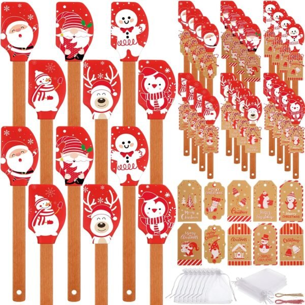 24 Sets Christmas Silicone Spatula Gift Xmas Cake Spatula Xmas Baking Cooking Gifts Heat Resistant Scraper with Twines, White Sheer Bags and Greeting Cards for Kitchen Mixing Cooking Baking - Image 2