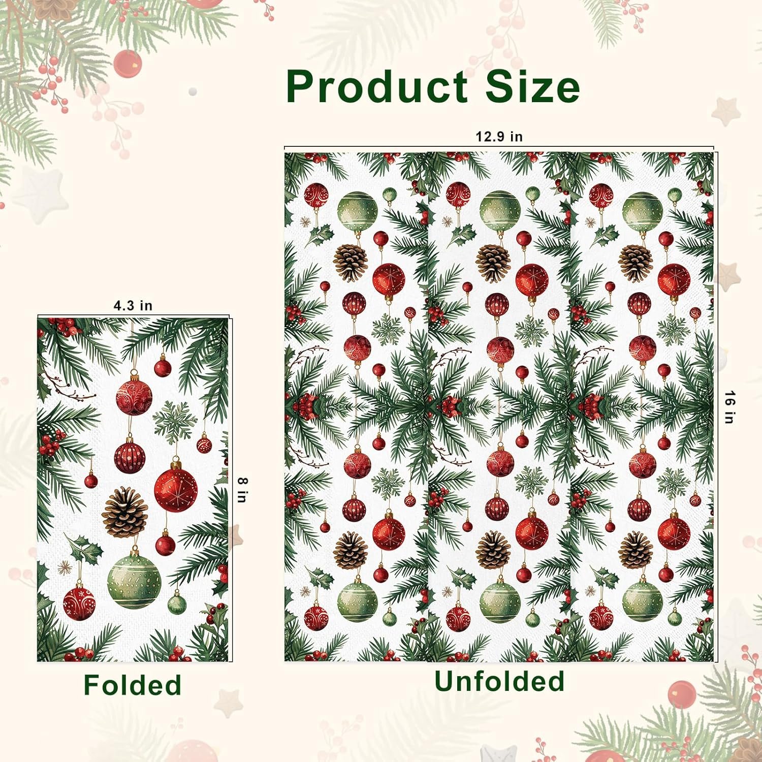 3-Ply Christmas Paper Napkins Disposable: Guest Dinner Hand Towels, Xmas Table Decorative for Bathroom Home Kitchen, Holiday Cocktail Party Decor, Red White Green (4.3x7.9 Inches, Count, 100) - Image 3