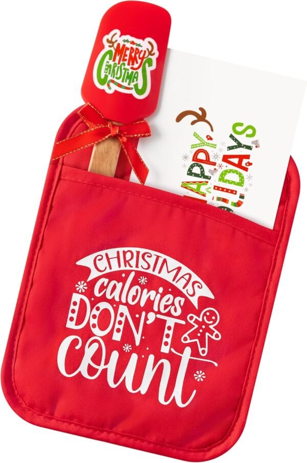 R HORSE 3Pcs Christmas Pot Holder Baking Gift Kit with Silicone Spatula Greeting Card Xmas Funny Heat Resistant Oven Mitt Red Cookie Hot Pad for Xmas Kitchen Gift for Family Friend Colleague Employee - Image 2