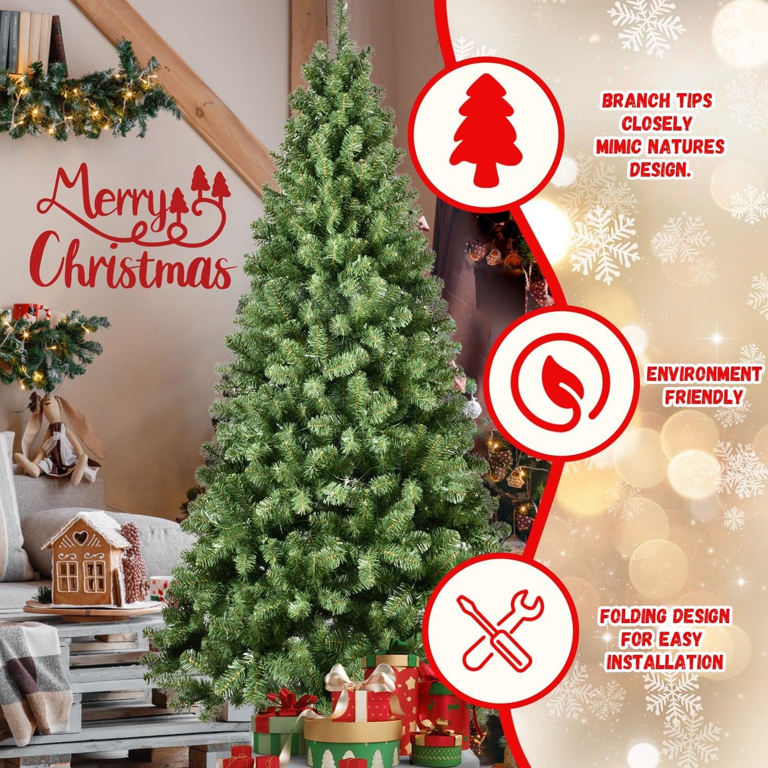 8FT Prelit Christmas Tree, Premium Artificial Christmas Tree with 500 Lights and 1460 Branch Tips, Memory Wire Pre Lit Hinged Xmas Tree with Metal Base for Holiday, Party, Home Decoration - Image 6