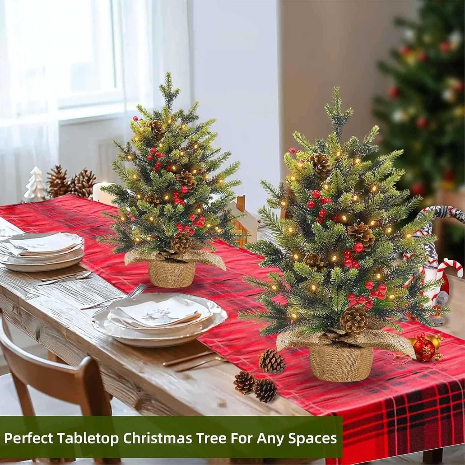 2 Pack 24 Inch Tabletop Small Christmas Trees with Lights Timer Realistic-Feel PE Pine 2 Ft Artificial Mini Christmas Tree Battery Operated Red Berries Pinecone Christmas Decoration Indoor Xmas - Image 7