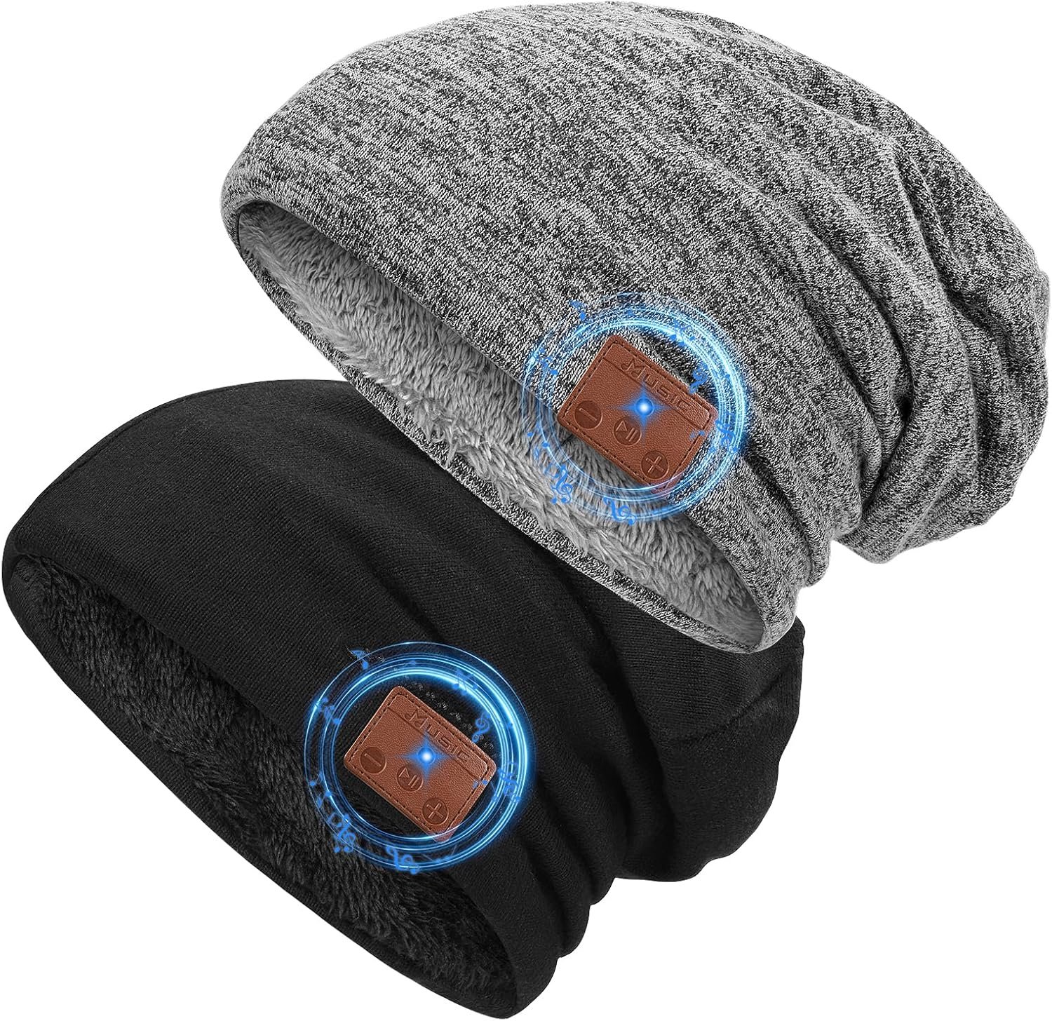 2 Pack (1 Bluetooth Beanie + 1 Beanie) Double-Layer Wool Lining Bluetooth Beanie Hat, Unique Tech Gifts for Men/Women/Teens/Family Christmas Thanksgiving - Image 2