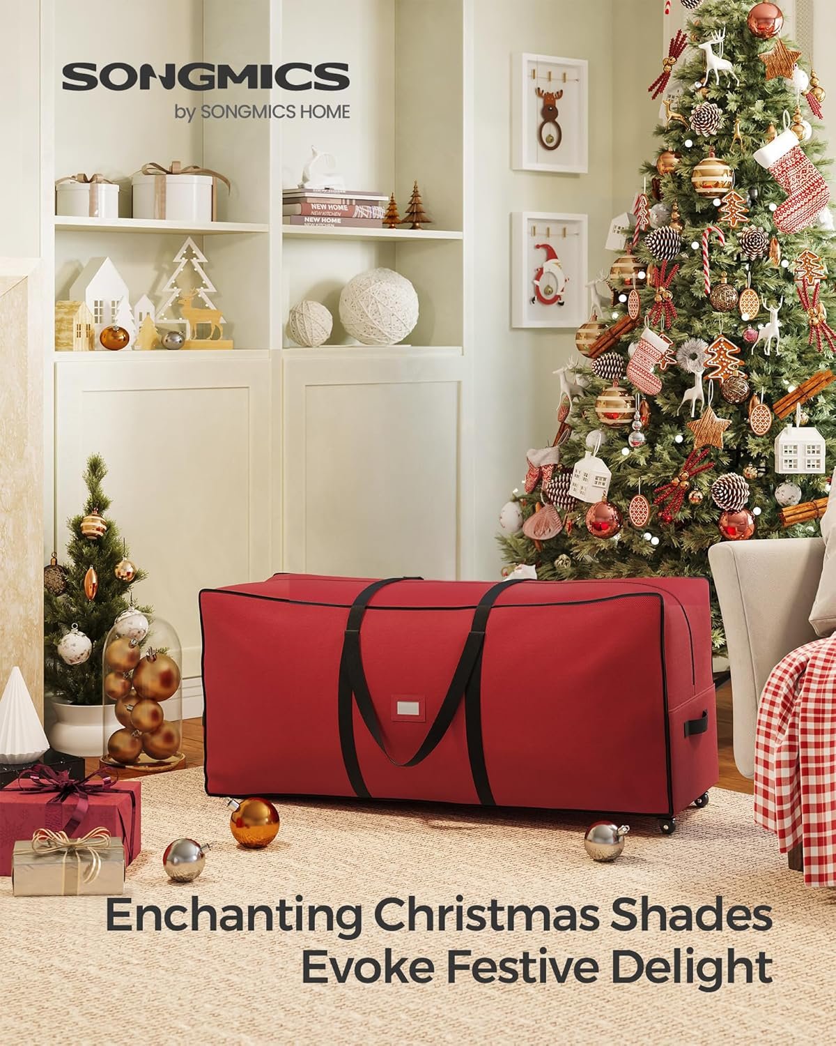 SONGMICS Christmas Tree Storage Bag with 1.6-Inch Wheels, Rolling Storage Bag, up to 7.5 ft, For Disassembled Holiday Tree, Length-Adjustable Handles, 600D Oxford Fabric, Cherry Red URXS004R03 - Image 3
