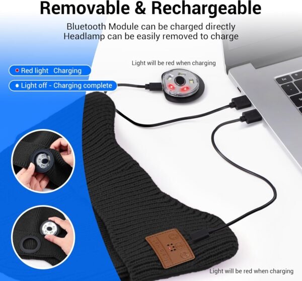 Mens Gifts Bluetooth Beanie with Light, Built-in Wireless Headphones & Stereo Speakers - USB Rechargeable Bluetooth Hat | Cool Gadgets Stocking Stuffers Gifts for Men Women (Black, Adult) - Image 6
