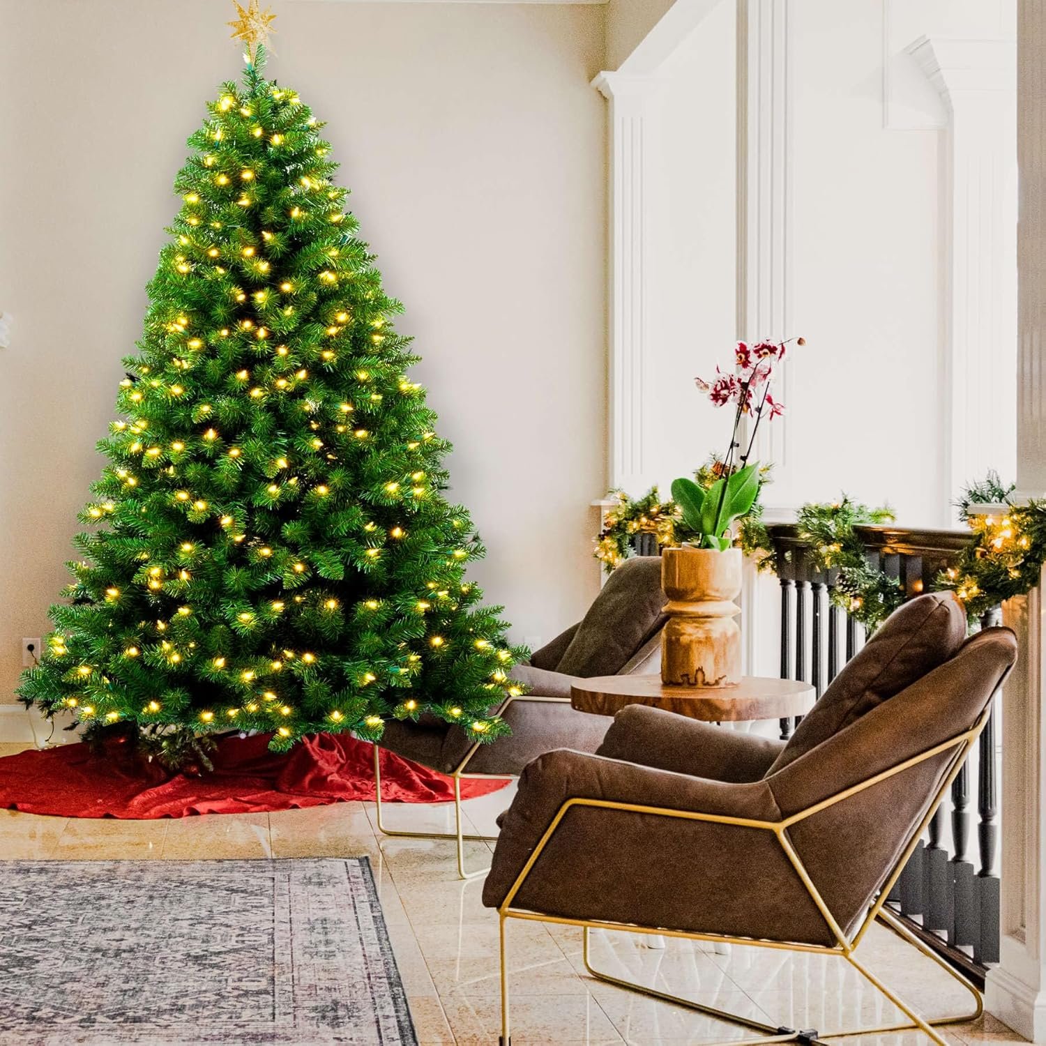 YULETIME 6.5ft Pre-Lit Christmas Tree, Hinged Green Artificial Holiday Decorative Tree with UL Listed 300 Warm White LED Christmas Lights (6.5' Warm White) - Image 3