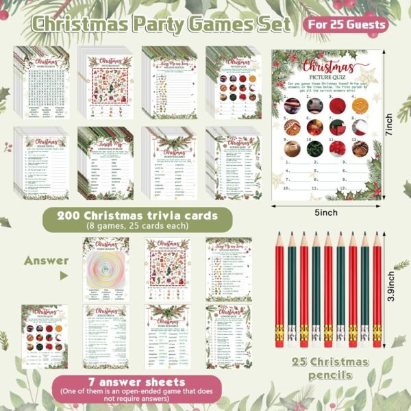 232 Pcs Christmas Trivia Party Games Set Include 207 Xmas Games Question Answer Paper Cards 25 Pencils for Christmas Festival Guessing Activity Party Supplies, 25 Players (Berry) - Image 3