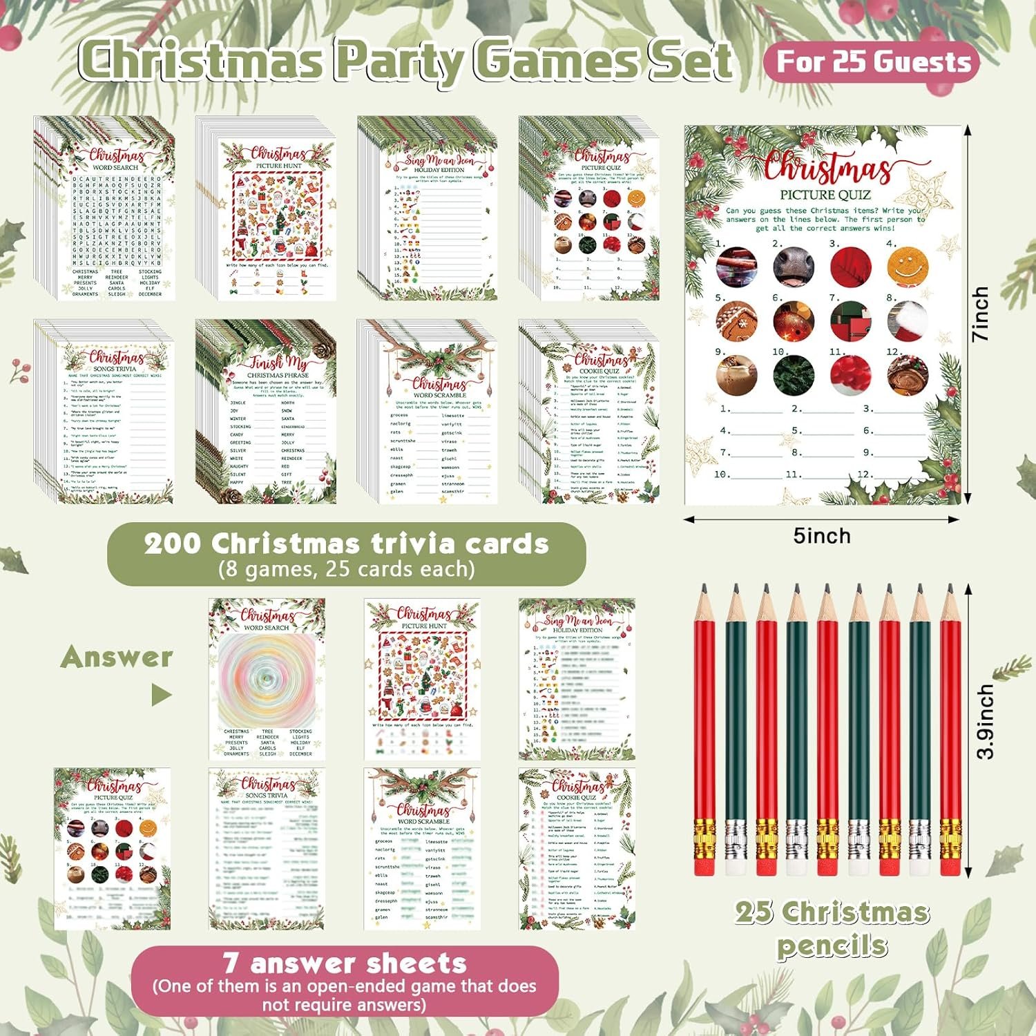 232 Pcs Christmas Trivia Party Games Set Include 207 Xmas Games Question Answer Paper Cards 25 Pencils for Christmas Festival Guessing Activity Party Supplies, 25 Players (Berry) - Image 3