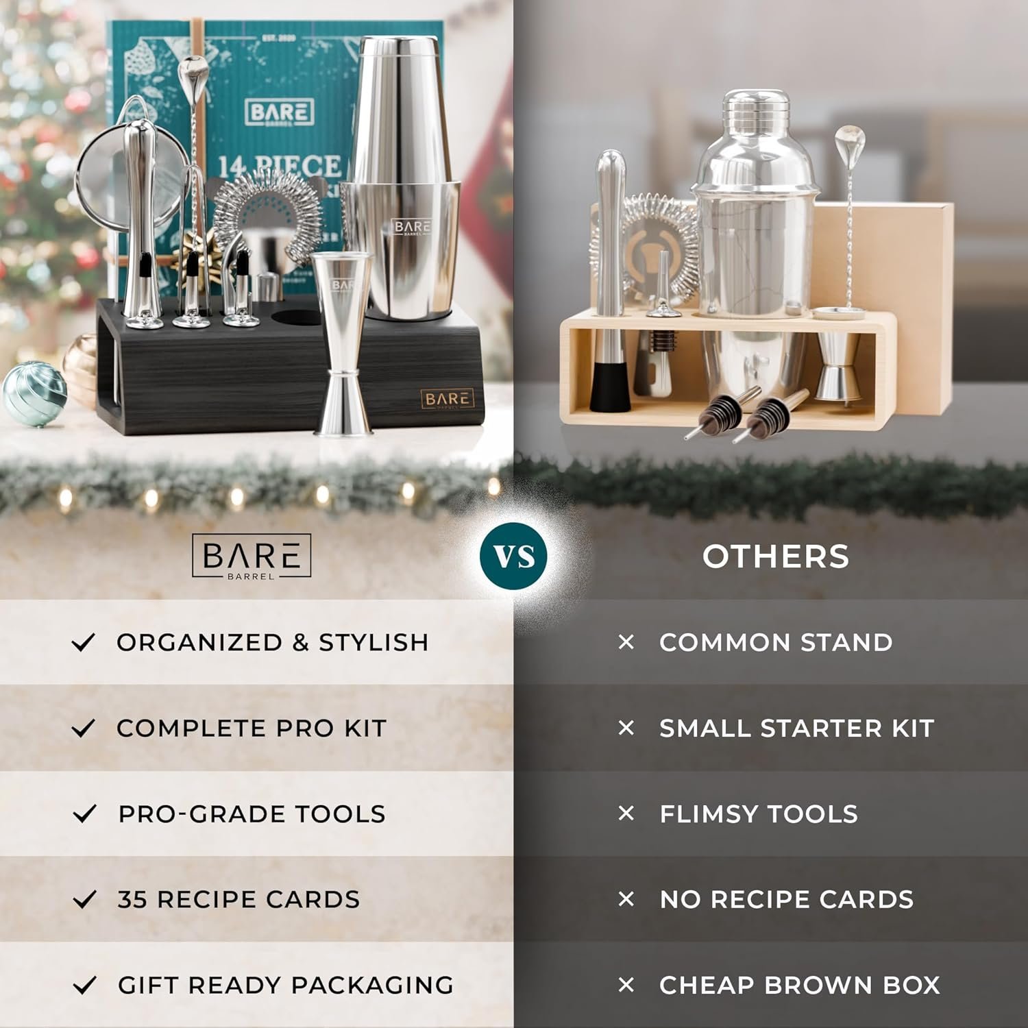 BARE BARREL® Mixology Bartender Kit Bar Set | 14-Piece Cocktail Shaker Set | Martini Barware Mixing Tools for Home Bartending | Incl. 35 Recipe Cards | Gift Set (28oz Boston Shaker, Silver/Black) - Image 8