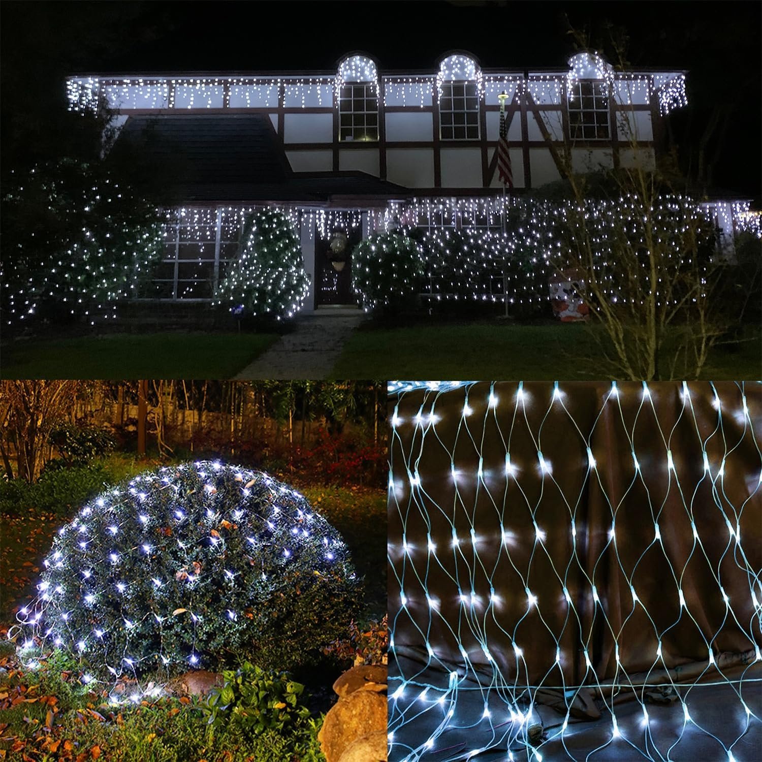 WATERGLIDE Outdoor Christmas Net Lights, 12FT x 5FT 360 LED Mesh String Light with 8 Lighting Modes, Connectable Waterproof Lights for Garden Tree Bushes, Holiday Wedding Party Decorations, White - Image 3