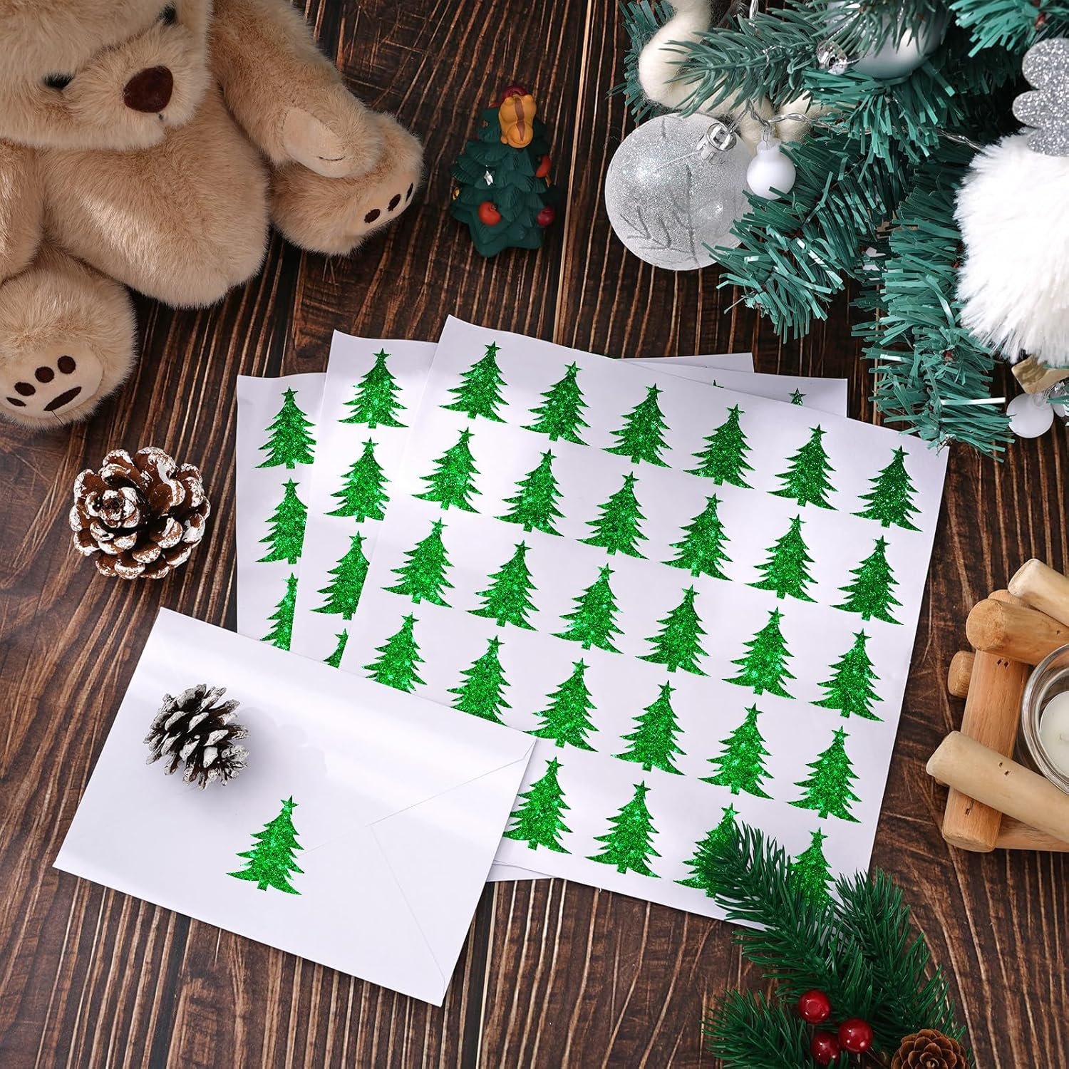 Whaline 450Pcs Christmas Tree Glitter Stickers Shiny Xmas Tree Envelop Seal Stickers Self-Adhesive Holiday Label Decals for Invitation Greeting Card Envelope Scrapbook Bottle Cup Seals - Image 4
