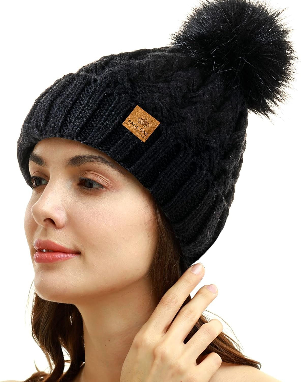 PAGE ONE Womens Winter Ribbed Beanie Crossed Cap Chunky Cable Knit Pompom Soft Warm Hat - Image 3