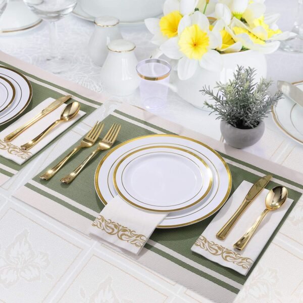 FOCUSLINE 350 Gold Dinnerware Set for 50 Guests, White and Gold Rim Plastic Plates Disposable Heavy Duty, Including 50 Dinner Plates, 50 Dessert Plates, 50 Cups, 50 Napkins, 50 Silverware Set - Image 6