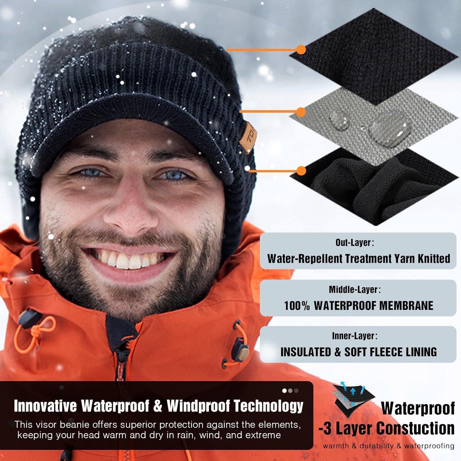 TOP-EX L/XL/XXL Unisex 80% Merino Wool Waterproof Brim Beanie Hats with Ear Flaps Fleece Lined for All Weather - Image 4