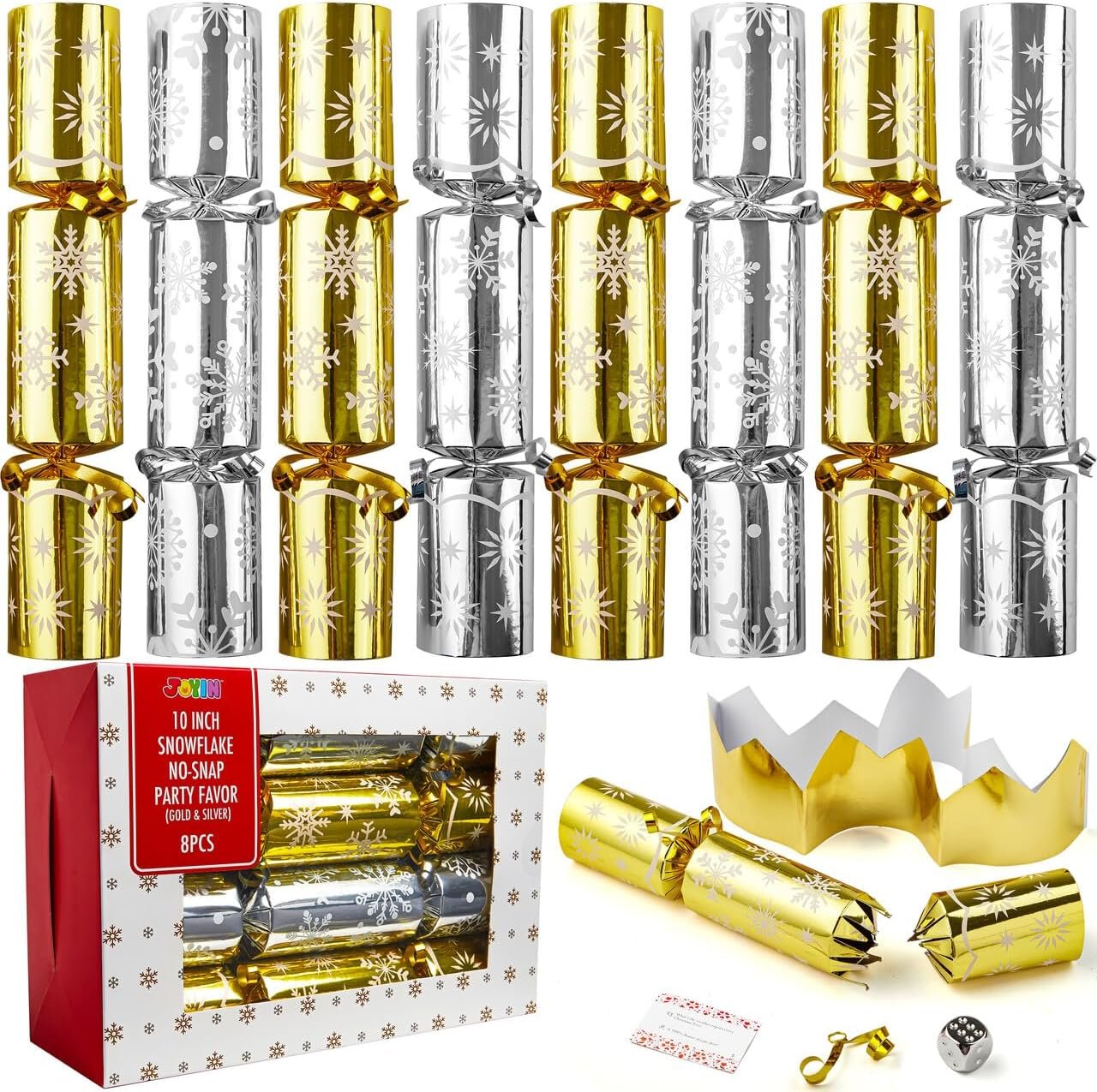 JOYIN 8 Pack Christmas No Snap No Popping Party Table Favor with Gold & Silver Snowflake Design, with Party Hat, Joke & Little Gift Inside, for Xmas Gift, Christmas Seasonal Holiday Dinner - Image 2