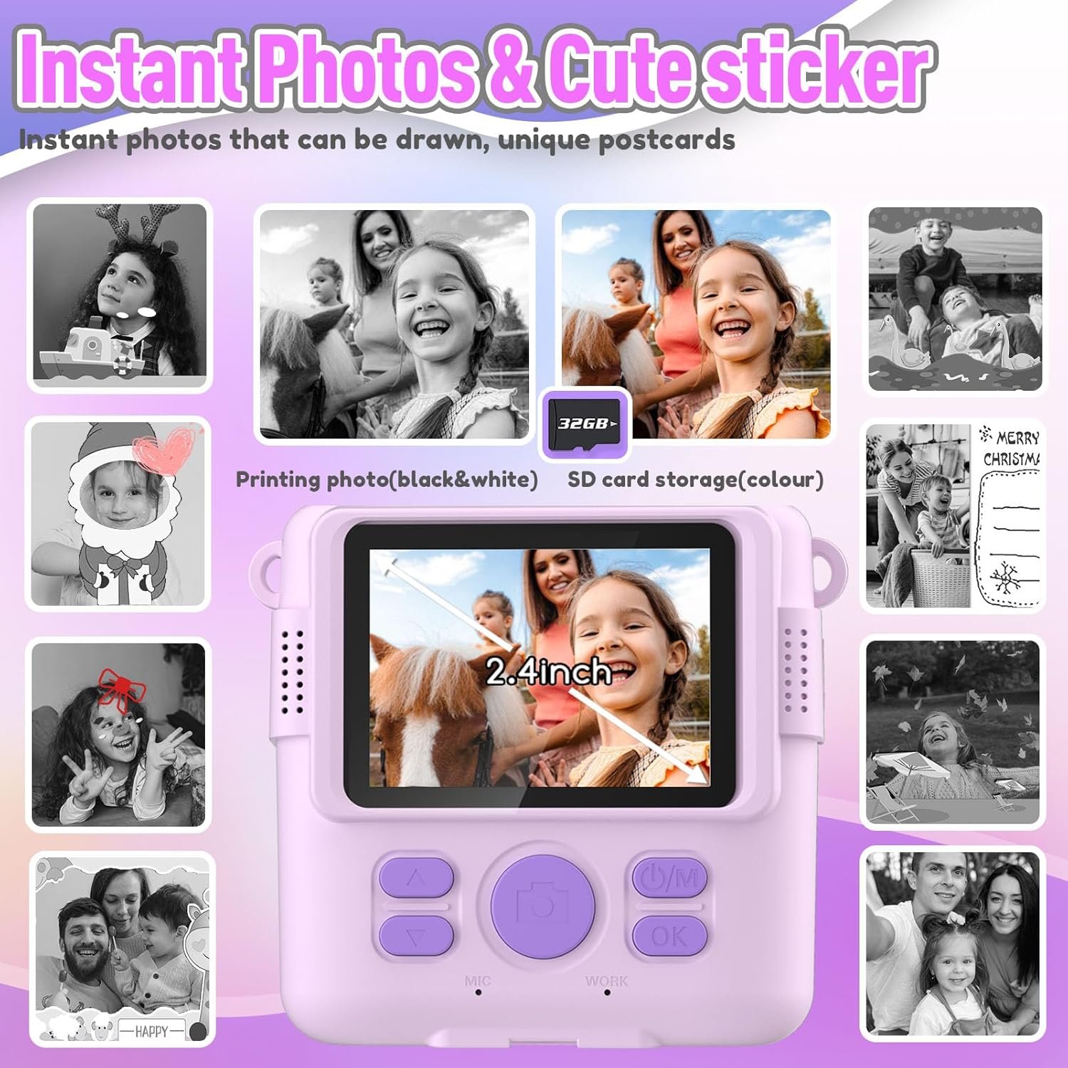 Instant Print Camera for Kids, Christmas Birthday Gifts for Girls Boys, HD Digital Video Cameras for Toddler, Portable Toy for 4 5 6 7 8 9 10 Year Old Girl with 32GB SD Card-Purple - Image 4