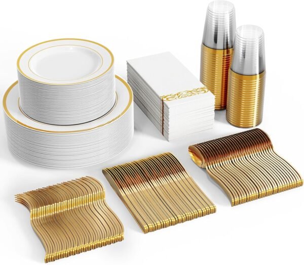 FOCUSLINE 350 Gold Dinnerware Set for 50 Guests, White and Gold Rim Plastic Plates Disposable Heavy Duty, Including 50 Dinner Plates, 50 Dessert Plates, 50 Cups, 50 Napkins, 50 Silverware Set - Image 2