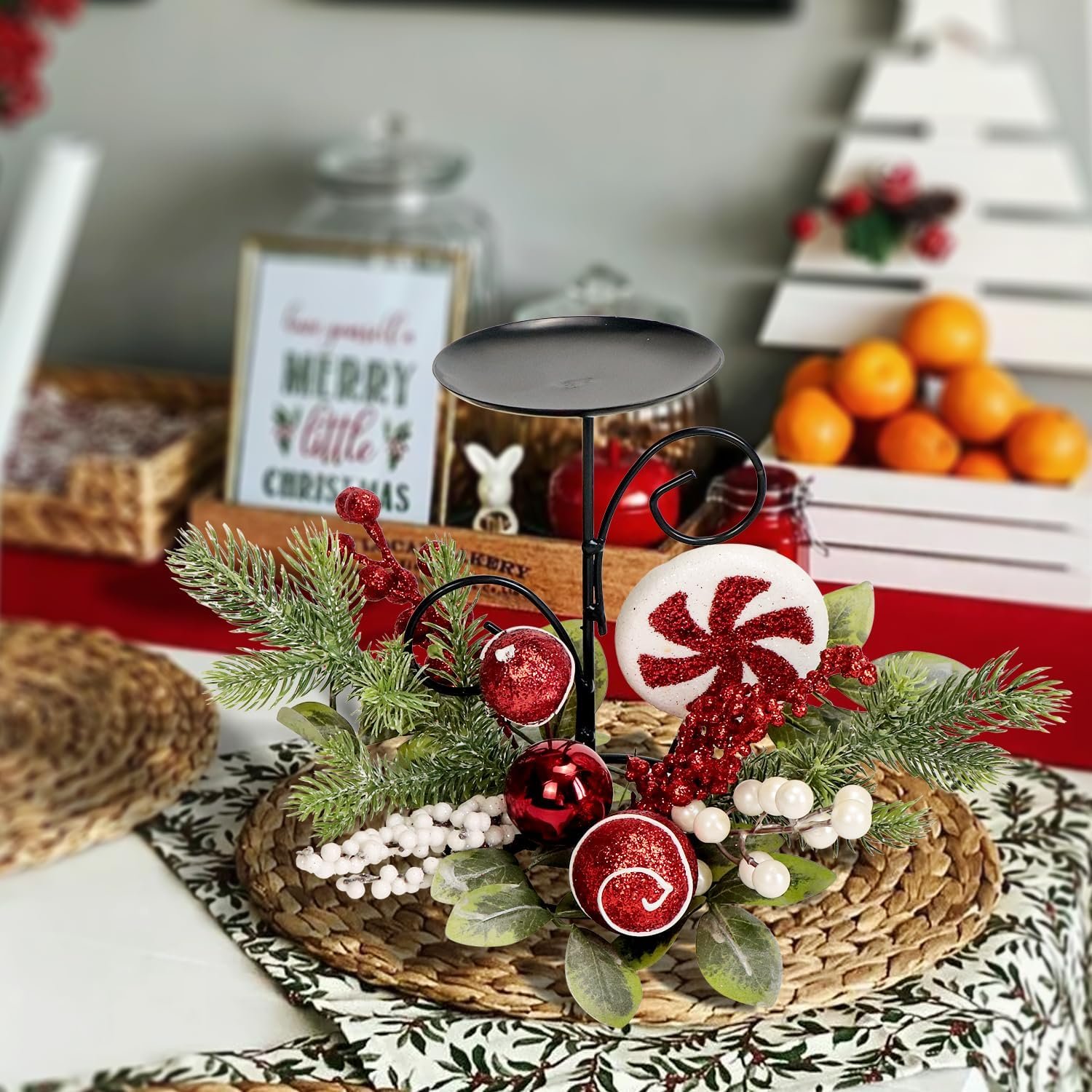 Christmas Candle Holder with Glitter Holly Berries Peppermint Lollipop Xmas Baubles Ball Pine Leaves Candlestick Table Centerpiece Decorations Steel Base Stand Festive Tabletop Home Ornaments (Candy) - Image 5