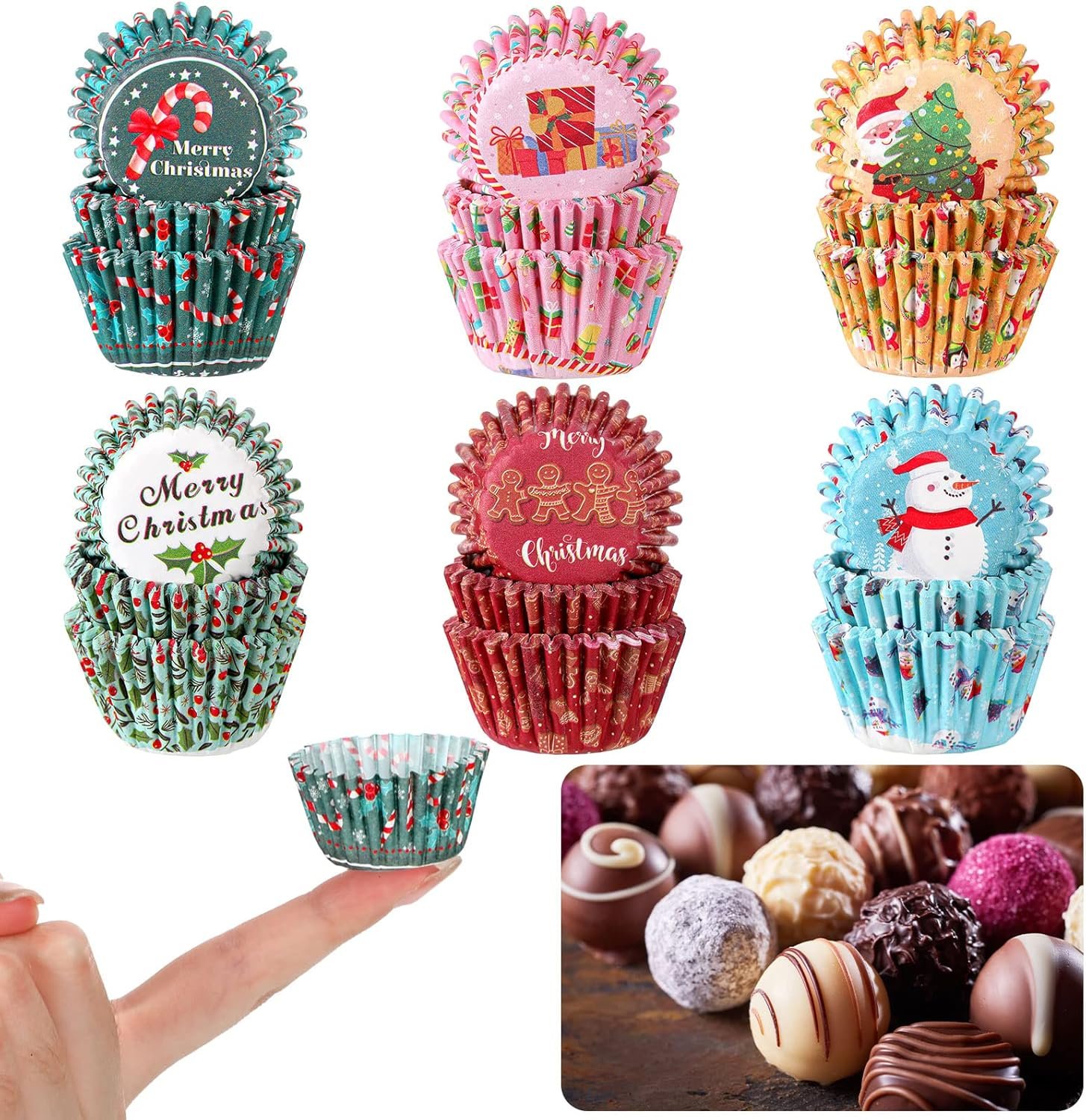Gerrii 600 Pcs Christmas Candy Cups Paper Candy Making Supplies Santa Claus Snowman Baking Supplies Snowflake Elk Mini Cupcake Liner Xmas Mini Baking Cups Holiday Candy Paper Wrappers 6 Style(Fresh) - Image 2