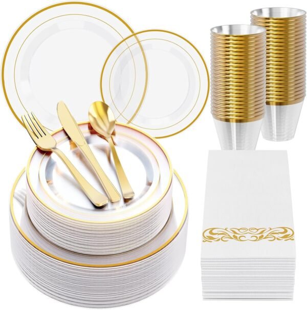FOCUSLINE 350 Clear Gold Dinnerware Set for 50 Guests, Clear Plastic Plates with Gold Rim Disposable Heavy Duty, Including 50 Dinner Plates, 50 Dessert Plates, 50 Napkins, 50 Cups, 50 Silverware Set - Image 2