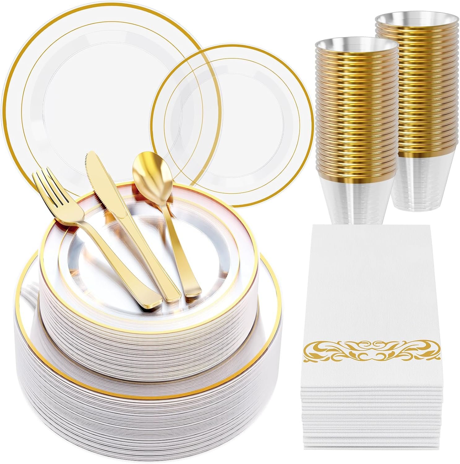 FOCUSLINE 350 Clear Gold Dinnerware Set for 50 Guests, Clear Plastic Plates with Gold Rim Disposable Heavy Duty, Including 50 Dinner Plates, 50 Dessert Plates, 50 Napkins, 50 Cups, 50 Silverware Set - Image 2