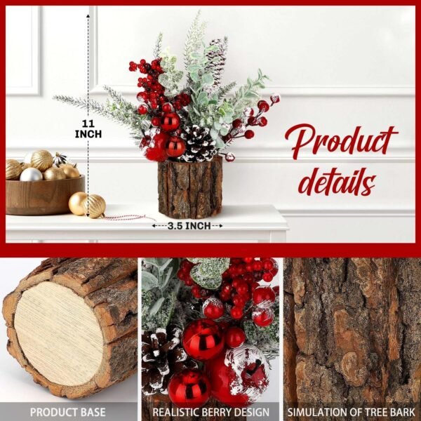 Small Christmas Tree Tabletop Artificial Mini Christmas Tree Decorations with Holiday Ornaments Red Berry Pine Cone Greenery for Home Indoor Fireplace Mantel Xmas Decor (Tree Stump-Red) - Image 4