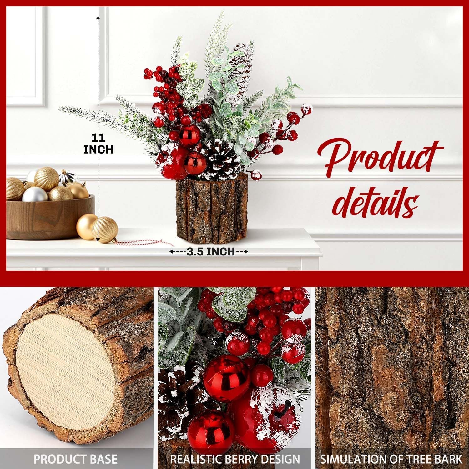 Small Christmas Tree Tabletop Artificial Mini Christmas Tree Decorations with Holiday Ornaments Red Berry Pine Cone Greenery for Home Indoor Fireplace Mantel Xmas Decor (Tree Stump-Red) - Image 4