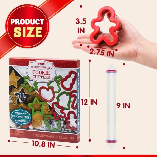 JOYIN 13 Pcs Christmas Cookie Cutters in Stainless Steel with 3.5í plus Grip and a Rolling Pin for Xmas Holiday Cookies Baking, Snowflake Cookies, Gingerbread Cookies, Party and Baking Gift - Image 6