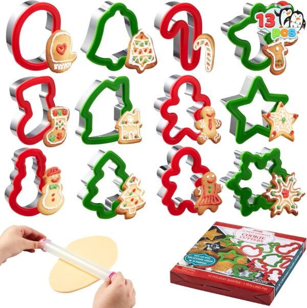 JOYIN 13 Pcs Christmas Cookie Cutters in Stainless Steel with 3.5í plus Grip and a Rolling Pin for Xmas Holiday Cookies Baking, Snowflake Cookies, Gingerbread Cookies, Party and Baking Gift - Image 2