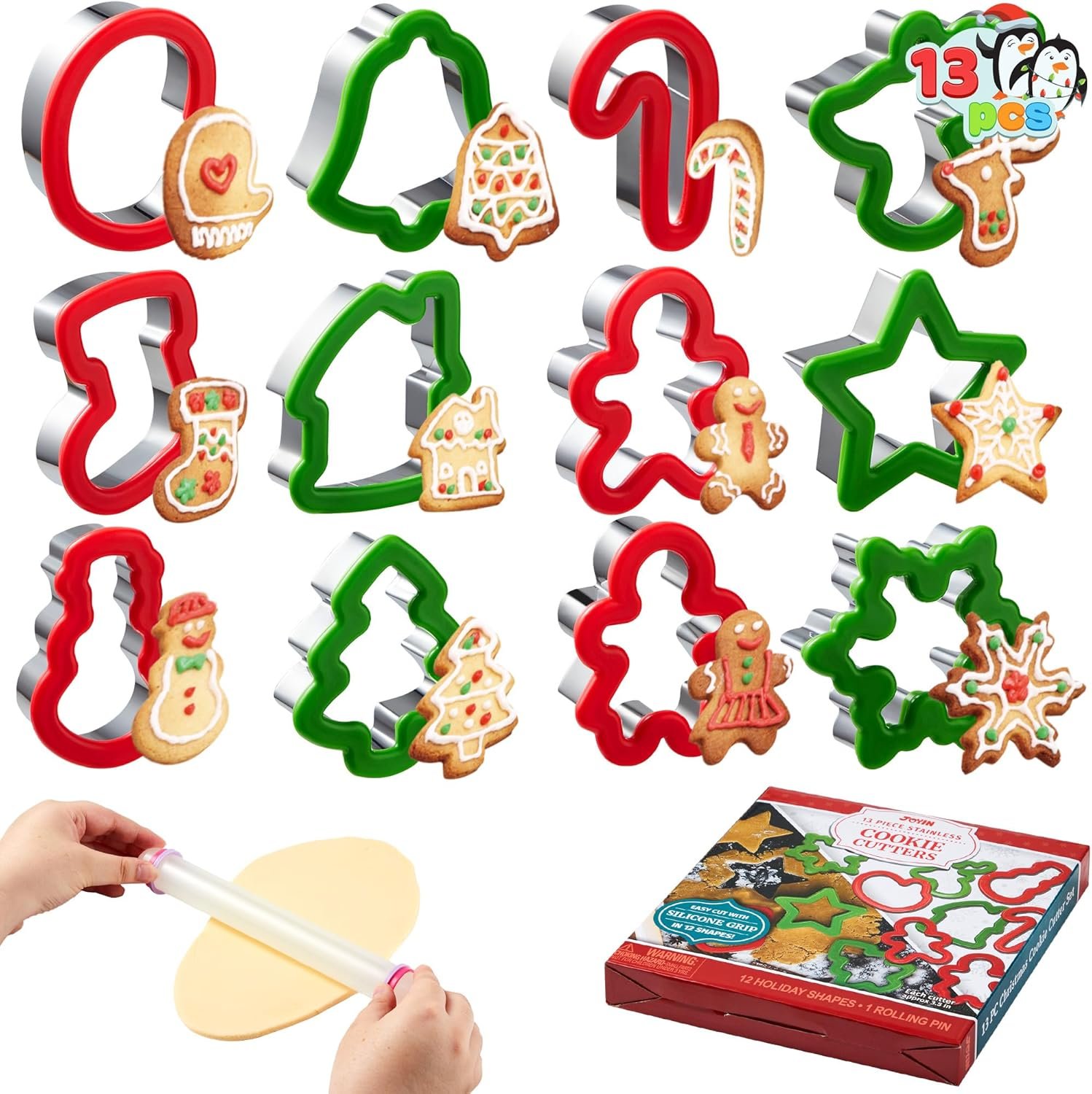 JOYIN 13 Pcs Christmas Cookie Cutters in Stainless Steel with 3.5í plus Grip and a Rolling Pin for Xmas Holiday Cookies Baking, Snowflake Cookies, Gingerbread Cookies, Party and Baking Gift - Image 2
