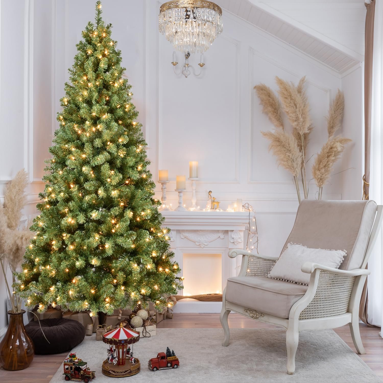 8FT Prelit Christmas Tree, Premium Artificial Christmas Tree with 500 Lights and 1460 Branch Tips, Memory Wire Pre Lit Hinged Xmas Tree with Metal Base for Holiday, Party, Home Decoration - Image 3