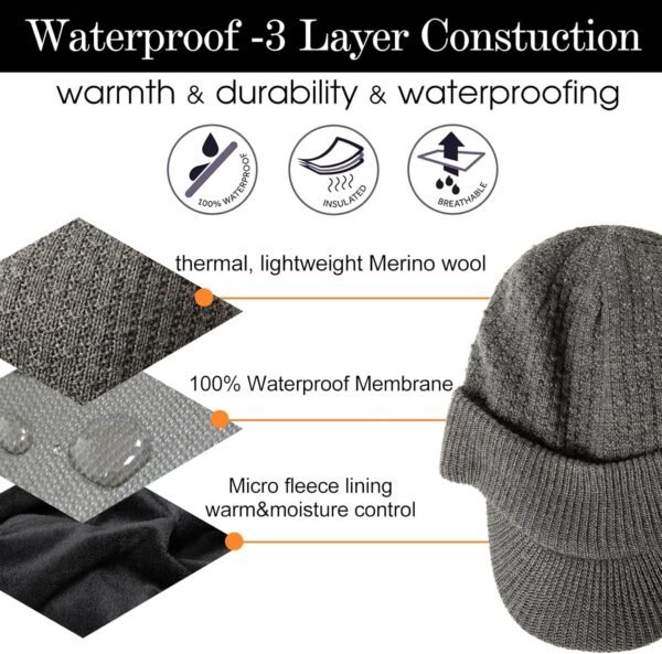 TOP-EX L/XL/XXL 50% Merino Wool Waterproof All Weather Brim Beanie Fleece Lined Unisex - Image 3