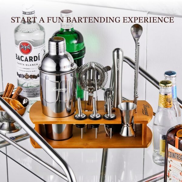 KITESSENSU Cocktail Shaker Set Bartender Kit with Stand | Bar Set Drink Mixer Set with All Essential Accessory Tools: Martini Shaker, Jigger, Strainer, Mixer Spoon, Muddler, Liquor Pourers |Silver - Image 3