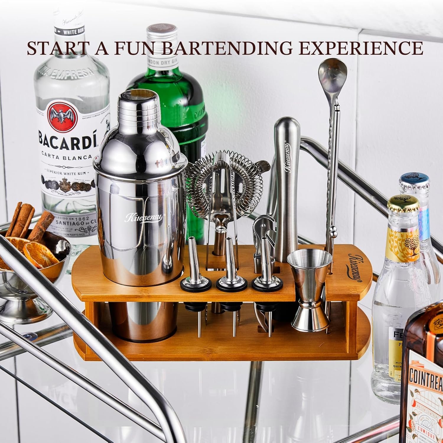 KITESSENSU Cocktail Shaker Set Bartender Kit with Stand | Bar Set Drink Mixer Set with All Essential Accessory Tools: Martini Shaker, Jigger, Strainer, Mixer Spoon, Muddler, Liquor Pourers |Silver - Image 3