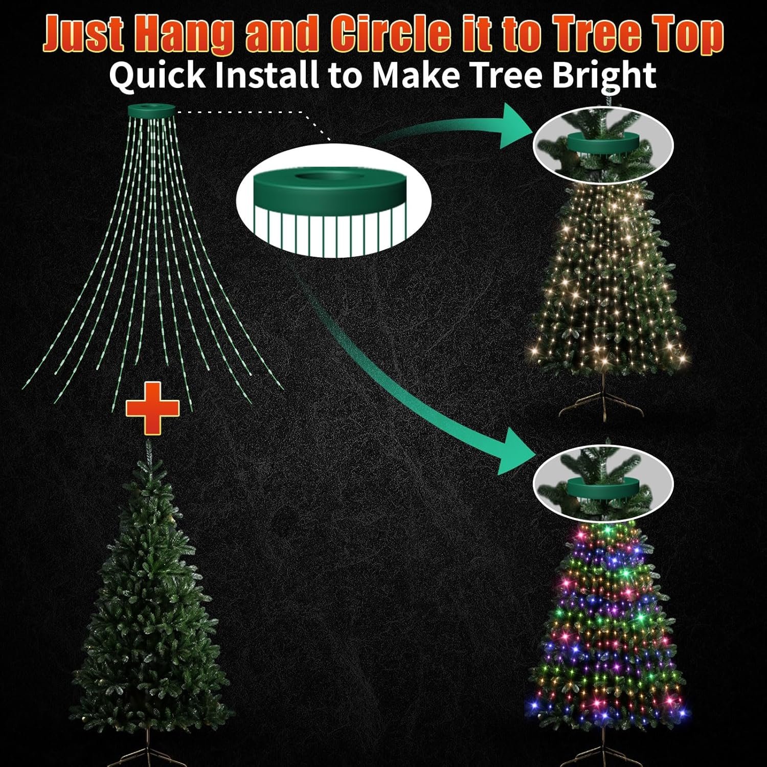 12 Modes Easy Christmas Tree Lights with Ring Indoor Outdoor - 6.56Ft x 12 Lines String 288 LED Timer Dimmable Remote Waterproof Light for 6 7 Ft Xmas Trees (Warm White or Multicolor) - Image 4