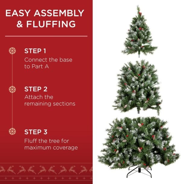 Best Choice Products Christmas Tree Pre-Lit, Pre-Decorated Artificial 6ft Frosted Pine Holiday Decoration w/Frosted Tips, Pine Cones, Berries - Image 5