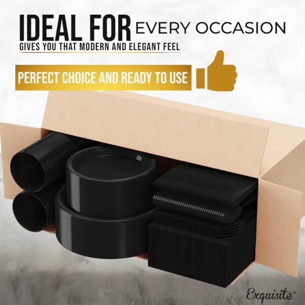 364 Pcs Black Disposable Plates For Party, Black Plastic Plates Set Includes: 52 Of Each 9" Plastic Dinner Plates, 7" Dessert Plates, Cups, Napkins & Cutlery Plastic Dinnerware Set Exquisite - Image 4