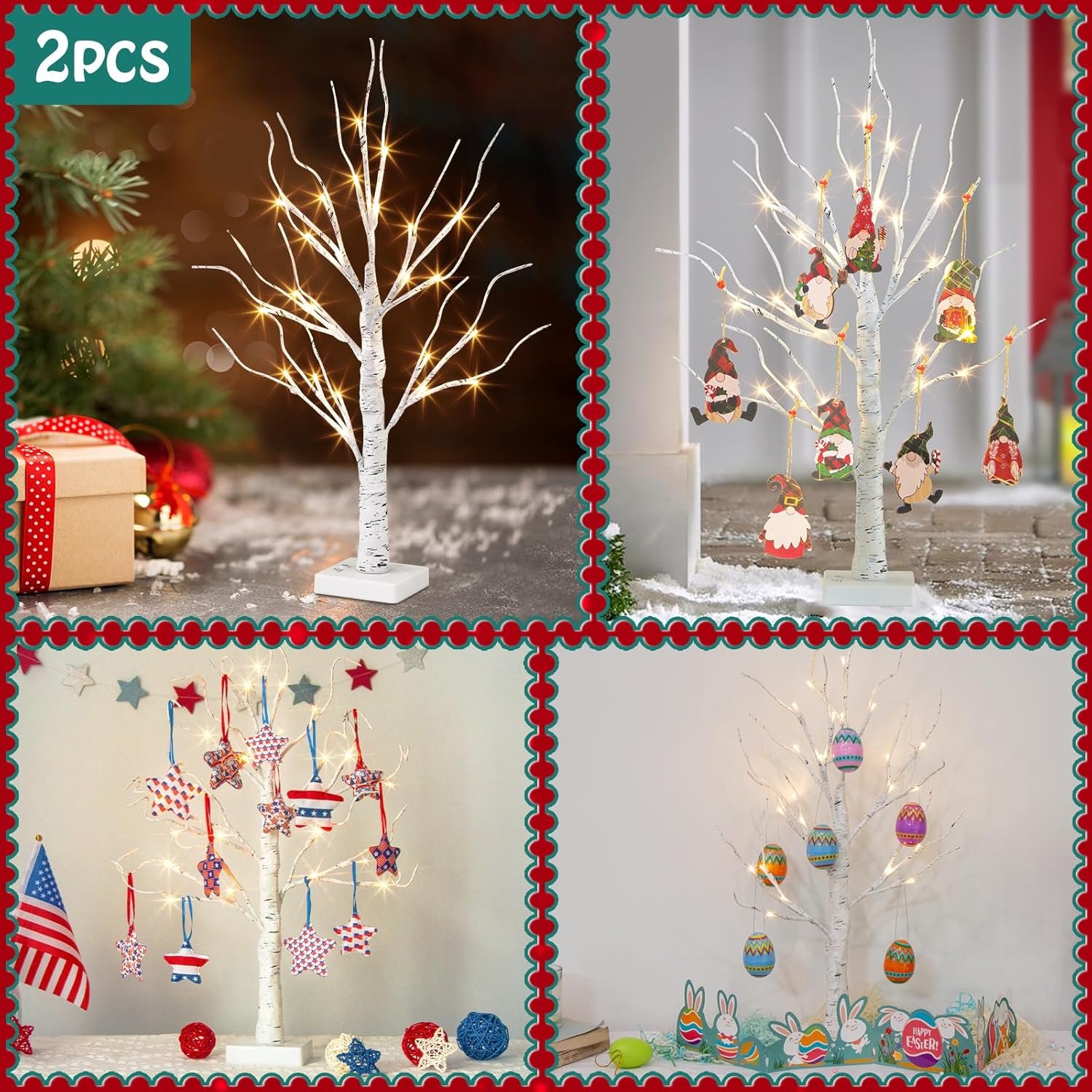 Vanthylit White Birch Tree with LED Lights - Set of 2, LED Tabletop Tree with Timer, Christmas Decorations Lighted Tree for Indoor Mantel Home Decor (2 FT, 24 LED) - Image 6