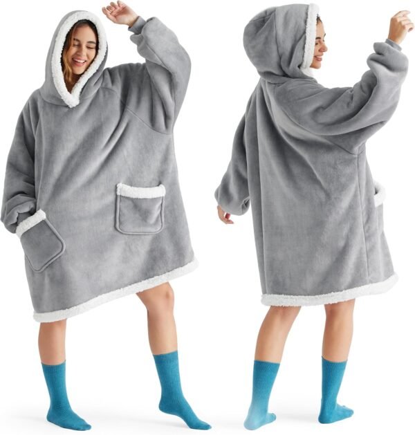 Bedsure Wearable Blanket Hoodie for Adult & Kids - Sherpa Blanket Hoodie as Gifts for Mom Women, Cozy Sweatshirt Blanket, Grey, Standard - Image 2