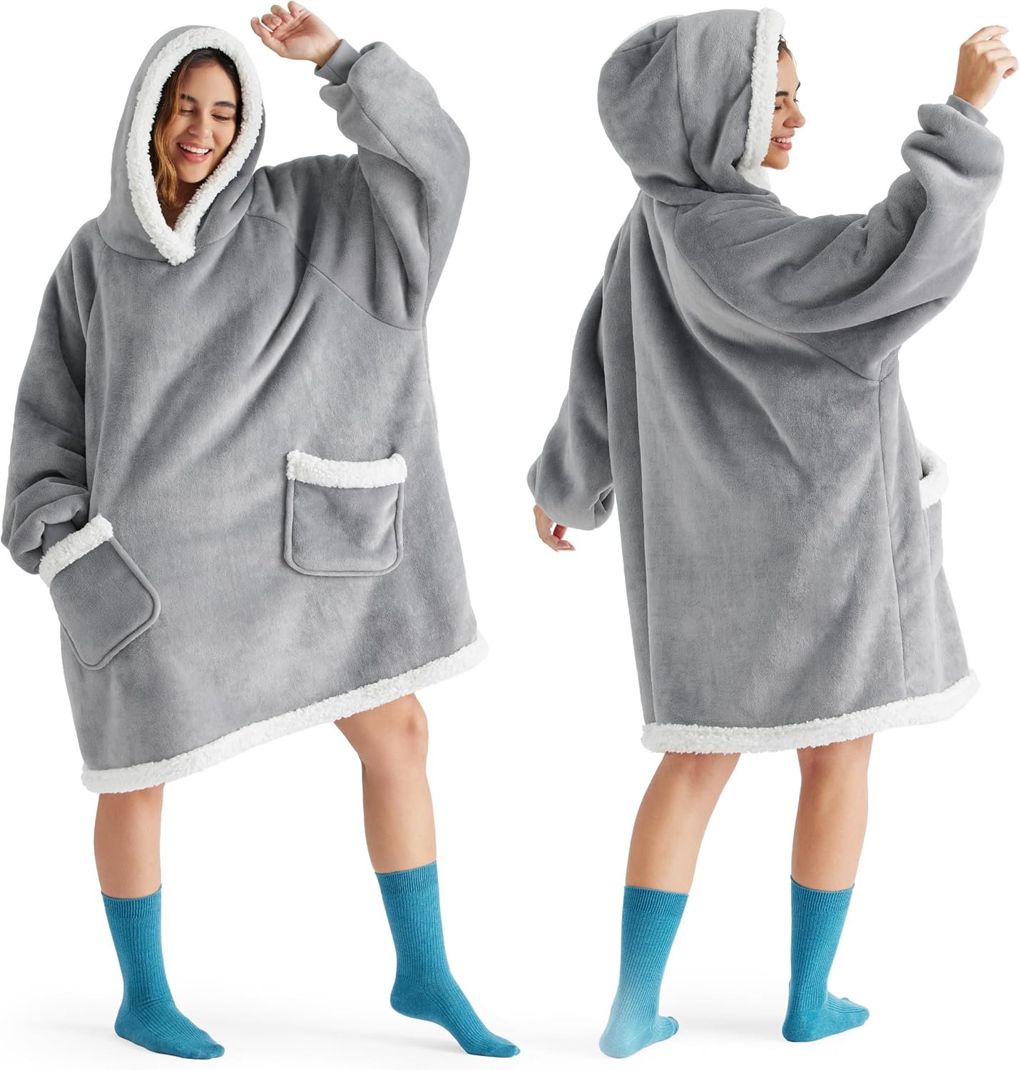Bedsure Wearable Blanket Hoodie for Adult & Kids - Sherpa Blanket Hoodie as Gifts for Mom Women, Cozy Sweatshirt Blanket, Grey, Standard - Image 2