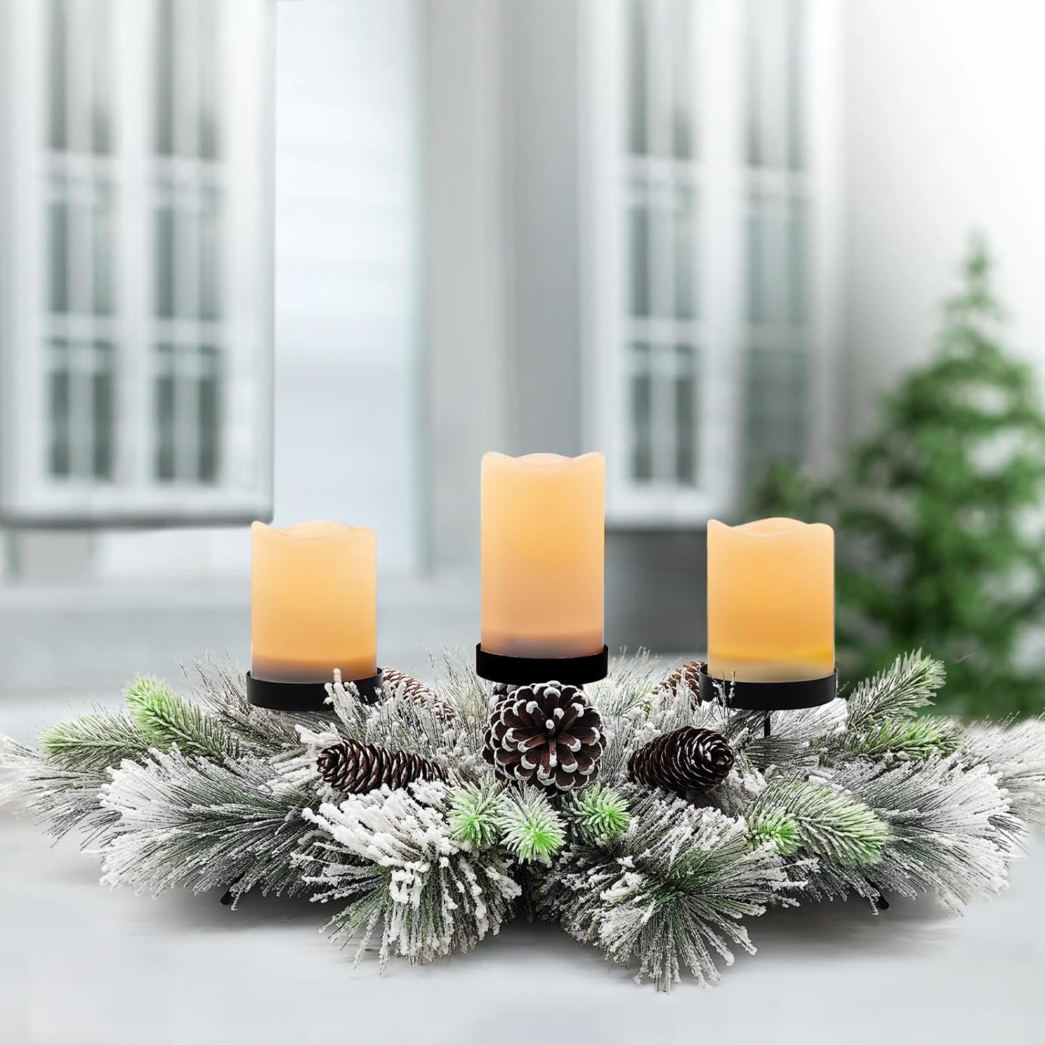BAYN Christmas Centerpiece Table Decorations, Handcrafted Snowy Pine Cones and Pine Needles with 3 Candle Holders for Dining Table Fireplace Mantel - 27.5 in - Image 7
