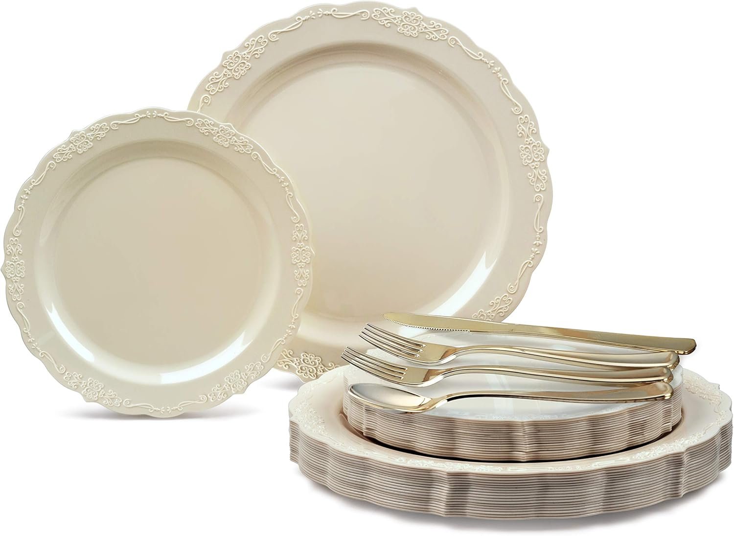 " OCCASIONS " 150 Pieces set (25 Guests)-Vintage Wedding Plastic Plates & cutlery -Disposable Dinnerware 10'', 7.5'' + Silverware w/double fork (Verona Plain Ivory) - Image 2
