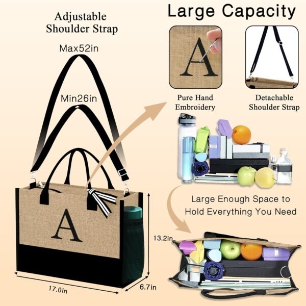 YOOLIFE Christmas Gifts for Women - Initial Jute Tote Bag & 2 Makeup Bags Birthday Gifts for Women Mom Teacher Friend Sister - Image 4