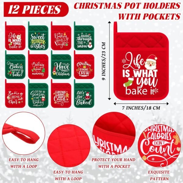 24 Pcs Christmas Pot Holders and Silicone Spatula Set Christmas Hot Pads with Pocket Xmas Scraper with Wooden Handle Heat Resistant Oven Mitt Cookie Bag for Baking Cooking Appreciation Gift - Image 3