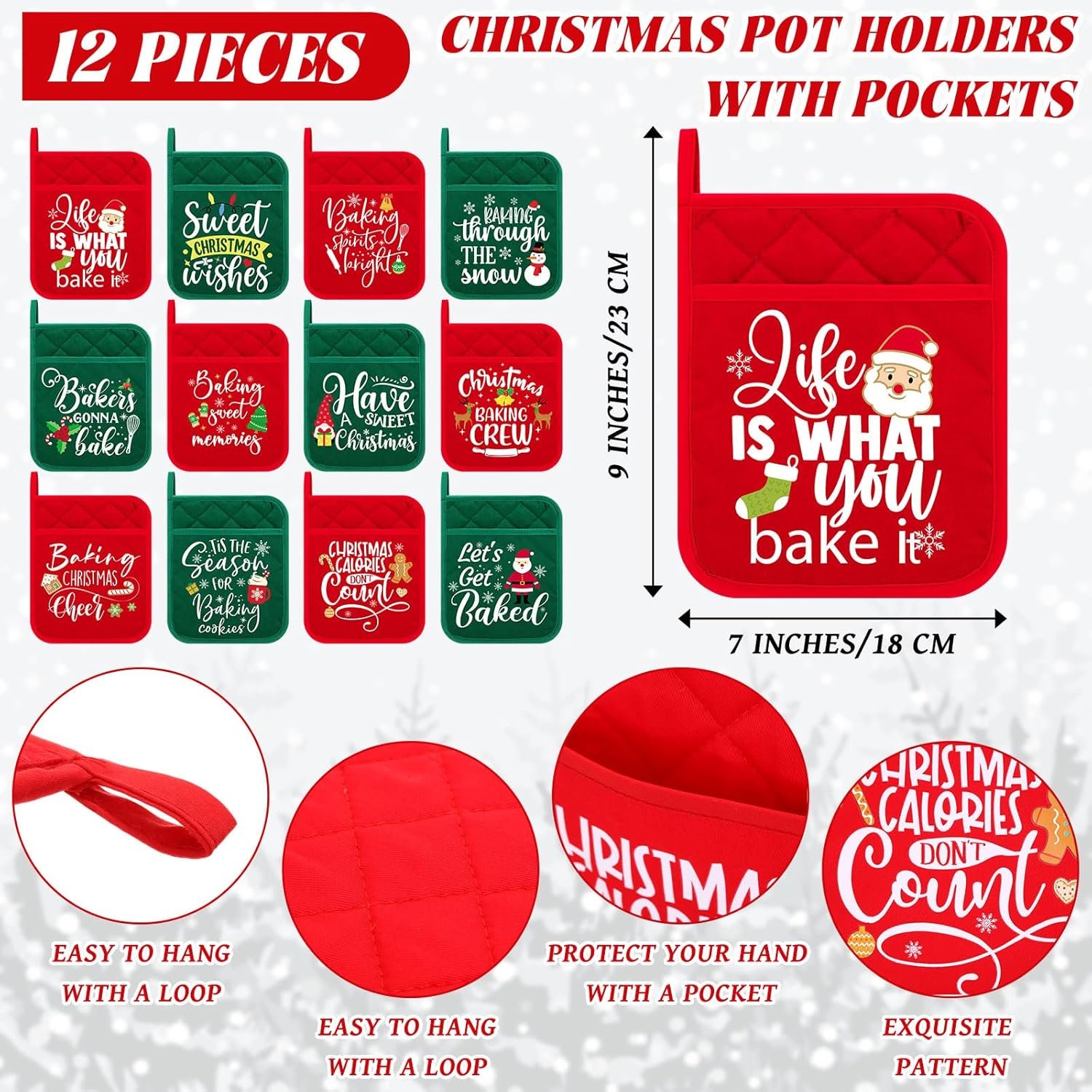 24 Pcs Christmas Pot Holders and Silicone Spatula Set Christmas Hot Pads with Pocket Xmas Scraper with Wooden Handle Heat Resistant Oven Mitt Cookie Bag for Baking Cooking Appreciation Gift - Image 3