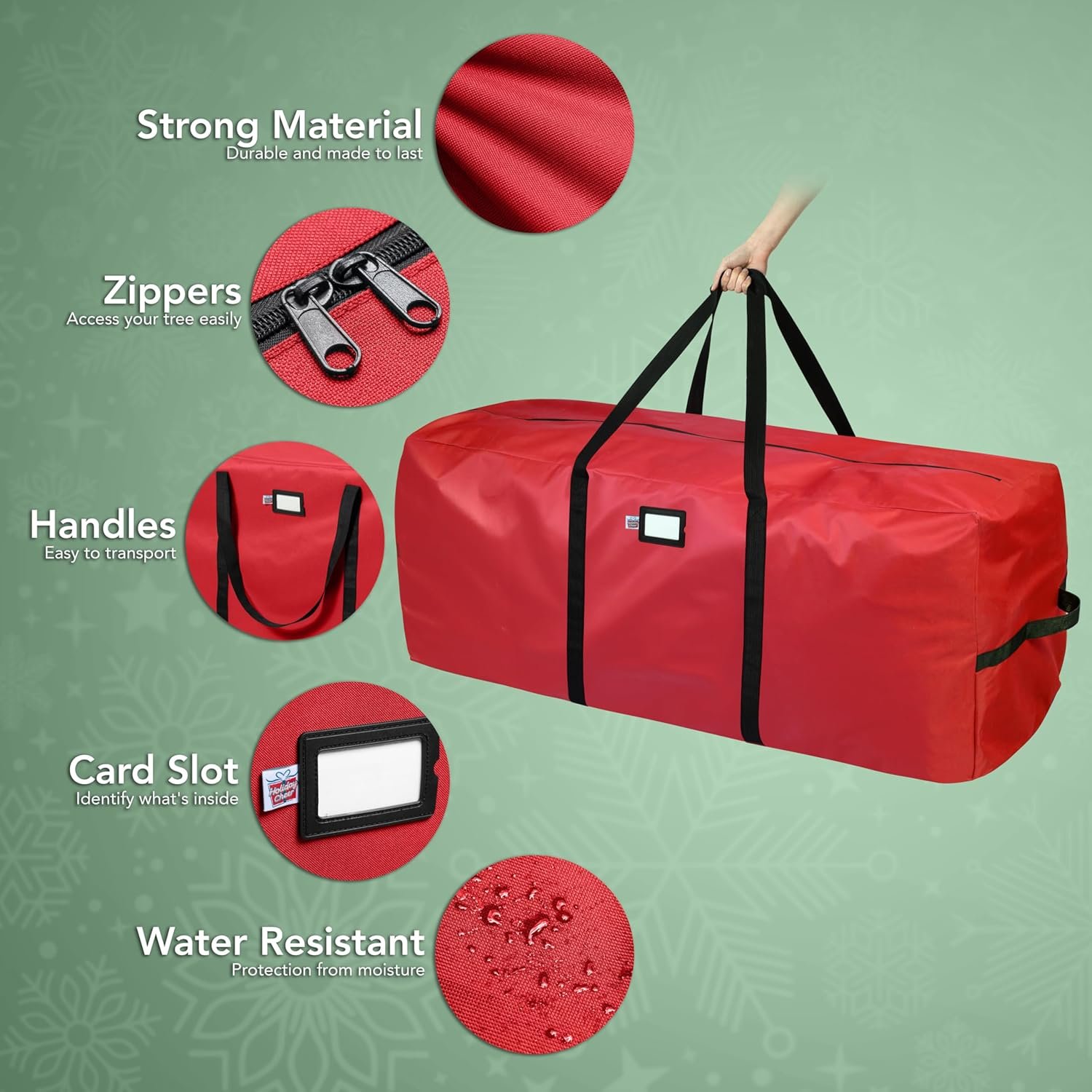 Holiday Cheer Christmas Tree Storage Bag – Heavy Duty Christmas Tree Bag Fits Up to 7.5ft Tall Artificial Christmas Tree, Waterproof with Durable Handles & Zipper – Xmas Tree Storage Bag (RED) - Image 5