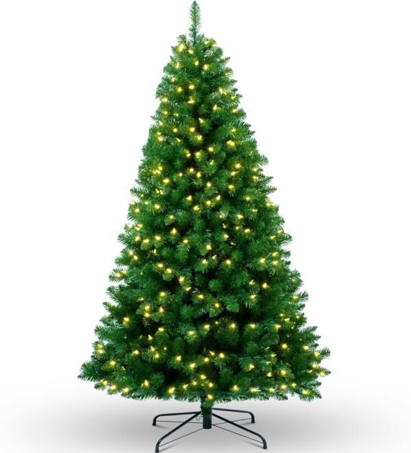 YULETIME 6.5ft Pre-Lit Christmas Tree, Hinged Green Artificial Holiday Decorative Tree with UL Listed 300 Warm White LED Christmas Lights (6.5' Warm White) - Image 2